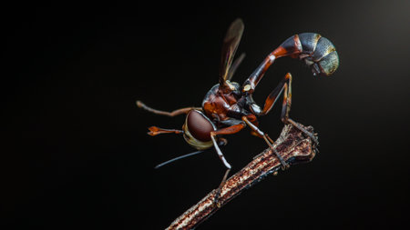 Signal fly perching on a branch, raising its front legs, on a black background.