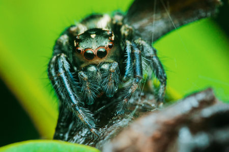 Close-up of a jumping spider, likely a phidippus regius, resting on a branch, showcasing its iridescent blue-green body and large, prominent eyes against a vibrant green backgroundの写真素材