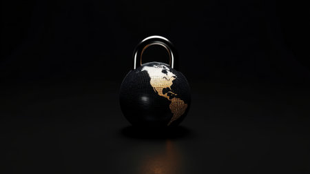 Closed padlock shaped like planet earth with america continent highlighted representing global security. Generative aiの素材