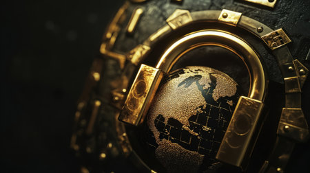 Golden padlock securing a golden and black globe, symbolizing global security and protection on an ornate shield. Generative aiの素材