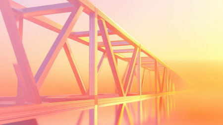 Low angle view of a metal bridge structure reflecting on a water surface with a gradient orange background at sunset. Generative aiの素材