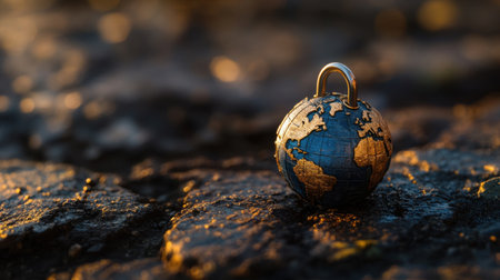 Small earth globe with a closed padlock resting on a rock surface at sunset, symbolizing global security and protection. Generative aiの素材