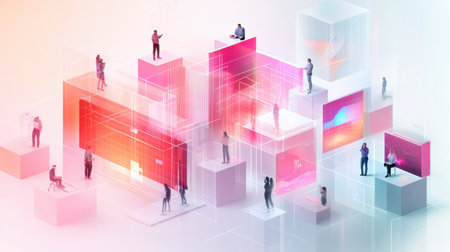 Businesspeople are working and sharing information in a virtual office space, highlighting concepts of teamwork, technology, and innovation. Generative aiの素材