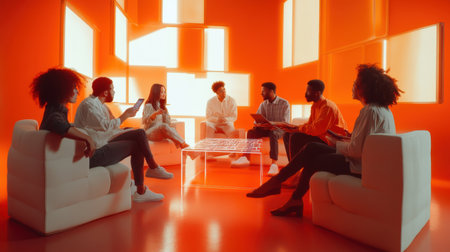 Group of marketing professionals sitting on white sofas, using digital tablets and discussing new project during a creative meeting in modern orange office. Generative aiの素材
