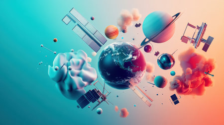 Earth, other planets, satellites, and abstract shapes float in a colorful, cosmic scene, creating a surreal and futuristic atmosphere. Generative aiの素材