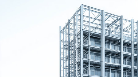 Metal framework of an office building rising against a clear sky, showcasing modern architectural design and construction techniques. Generative aiの素材