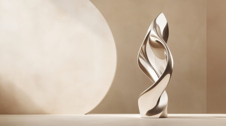 Silver sculpture with elegant curves resting on a beige surface, enhanced by a large beige circle and soft lighting, creates a sophisticated minimalist ambiance. Generative aiの素材