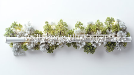 Miniature trees and musical notes growing on a white flute symbolize the harmony between music and nature. Generative aiの素材