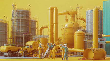 Engineers working with futuristic machinery in a vibrant yellow industrial plant, showcasing innovation and advanced technology. Generative aiの素材