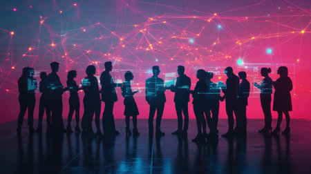 Silhouettes of businesspeople using a futuristic interface, discussing data and analyzing charts in virtual reality. Generative aiの素材