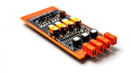 Close-up of an electronic circuit board highlighting various components, connectors, and soldering points, set against a clean white backdrop. Generative aiの素材