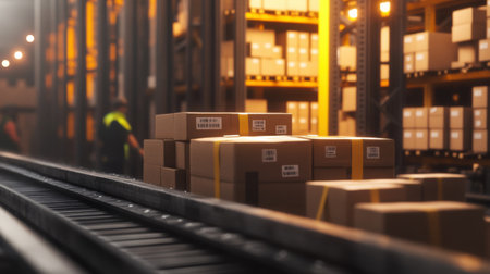 Cardboard boxes with barcodes are moving on a conveyor belt inside a large distribution warehouse with shelves full of goods. Generative aiの素材