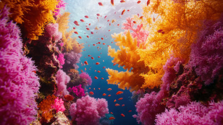 Breathtaking underwater scene showcases a vibrant coral reef teeming with colorful fish, bathed in the sunlight filtering through the clear ocean water. Generative aiの素材