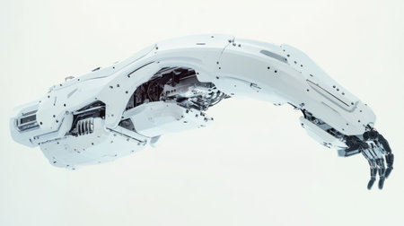 Robotic arm extended, showcasing advanced technology and futuristic design on a minimalist white background. Generative aiの素材