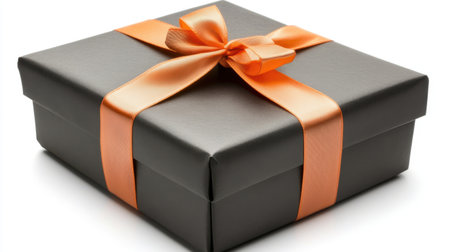 Black gift box with a bright orange ribbon tied in a bow, creating an elegant and luxurious present. Generative aiの素材