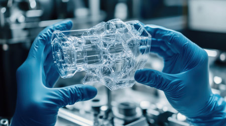 Gloved hands holding a transparent prototype of a gearbox in a modern factory setting, showcasing innovative manufacturing processes. Generative aiの素材