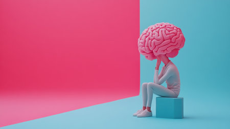3d rendering of a surreal thoughtful person with a giant brain as a head sitting on a cube on a colorful split background. Generative aiの素材