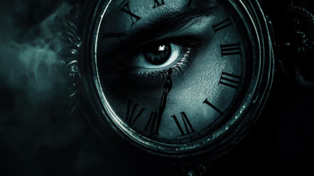 Surreal image of an eye integrated into an antique clock face, creating a mysterious and intriguing atmosphere. Generative aiの素材