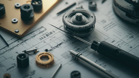Close-up of watch parts, tools, and blueprint, showcasing the intricate process of watchmaking. Generative aiの素材