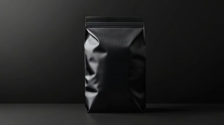 Realistic black pouch mockup standing on black table against black background, ideal for showcasing product packaging designs. Generative aiの素材