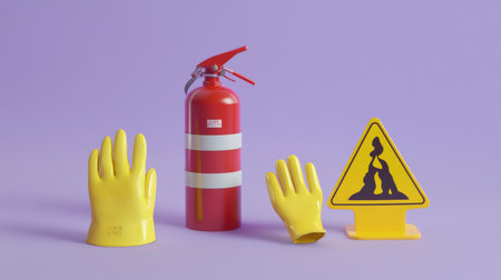 Essential safety equipment including fire extinguisher, gloves, and warning sign symbolizing accident prevention and protection in industrial environments. Generative AIの素材