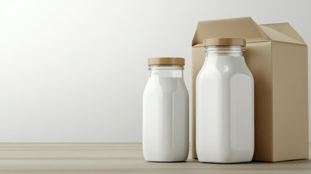 Two glass bottles filled with milk and closed with wooden caps stand on a wooden table next to a cardboard package. Generative aiの素材