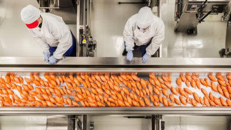 Two food processing plant workers wearing protective clothing are supervising a production line of carrots. Generative aiの素材