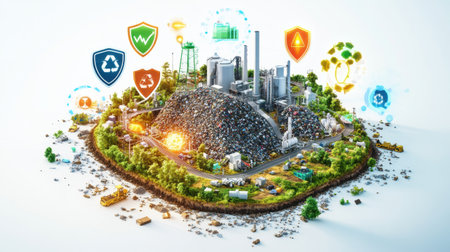 Waste recycling plant managing a pile of garbage surrounded by nature and covered by colorful icons representing environment protection measures. Generative AIの素材