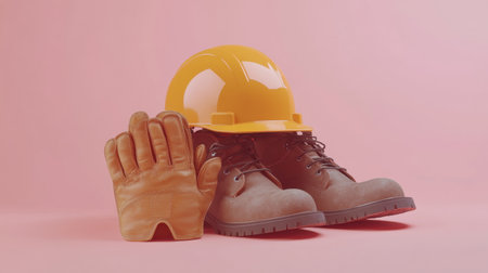 Work safety equipment including a yellow hard hat, leather gloves, and brown boots displayed on a pink background, promoting workplace safety and protection. Generative AIの素材