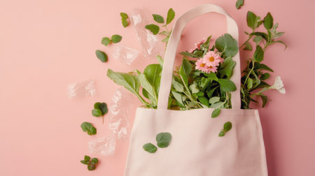 Reusable shopping bag filled with plants and flowers symbolizing eco-conscious choices, promoting sustainable lifestyle and rejecting plastic pollution. Generative AIの素材