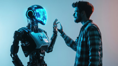 Engineer gently touches the hand of a futuristic robot, illuminated by neon lights, symbolizing the collaboration between humans and artificial intelligence. Generative AIの素材