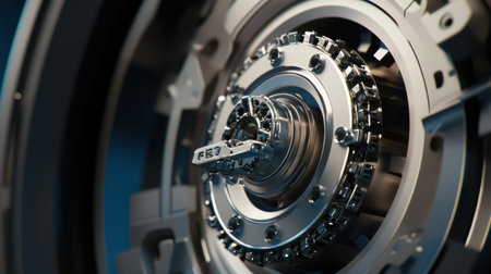 Intricate metallic gears and components spin within a sophisticated engine, showcasing advanced technology and power generation. Generative AIの素材