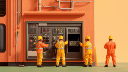 Miniature engineers working on a large control panel of an industrial facility, managing and monitoring operations. Generative AIの素材