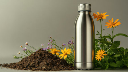 Stainless steel reusable water bottle stands beside vibrant flowers and rich soil, symbolizing eco-consciousness and sustainable hydration. Generative AIの素材