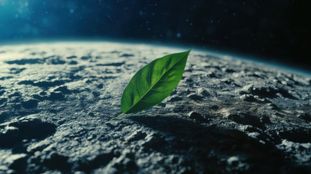 Single green leaf growing on a barren, rocky planet, symbolizing new life, hope, and the possibility of rebirth in a desolate environment. Generative AIの素材