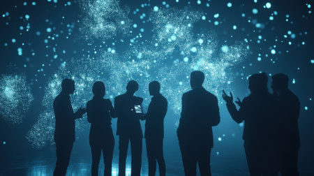 Silhouetted businesspeople discussing and analyzing global connection and digital data flow in a dark blue background. Generative AIの素材