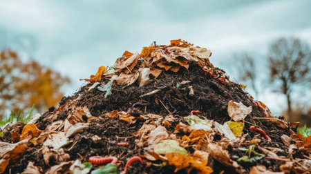 Compost heap with worms and autumn leaves decomposing naturally in a garden, promoting sustainable gardening practices. Generative AIの素材