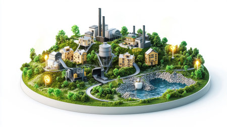 Miniature green city with houses, factories, and renewable energy, representing sustainable urban development and ecological balance. Generative AIの素材