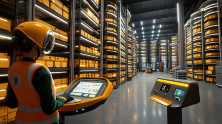 Warehouse worker controlling automated storage and retrieval system with futuristic interface, optimizing logistics and order fulfillment in modern facility. Generative AIの素材