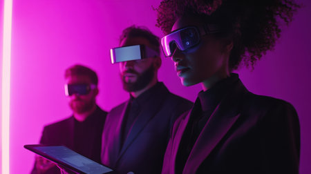Business team exploring virtual reality using vr goggles and tablet, illuminated by vibrant neon lights, creating a futuristic atmosphere. Generative AIの素材