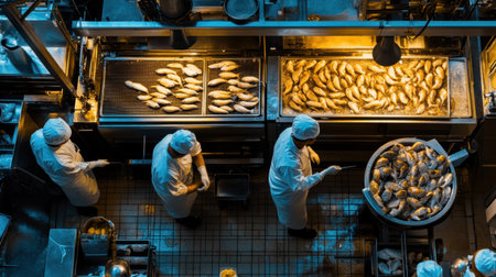 Chefs working in a professional kitchen are preparing various fish dishes, ensuring high-quality cuisine for restaurant patrons. Generative aiの素材