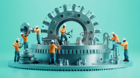 Miniature engineers working on a large turbine, showcasing teamwork and complex machinery assembly in an industrial environment. Generative AIの素材
