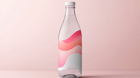 Studio shot featuring a transparent glass water bottle with a colorful, wavy label set against a minimalist pink backdrop. Generative AIの素材