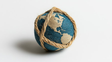 Yarn globe wrapped with rope, symbolizing global unity, cooperation, and the interconnectedness of nations. Generative aiの素材