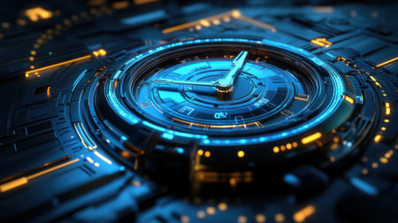 Futuristic clock seamlessly integrated into complex circuitry, symbolizing the relentless march of time in a technologically advanced world. Generative aiの素材