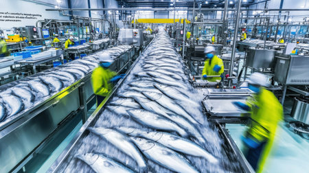 Industrial fish processing plant workers handling fresh catch on a conveyor belt, ensuring quality and hygiene in food production. Generative aiの素材