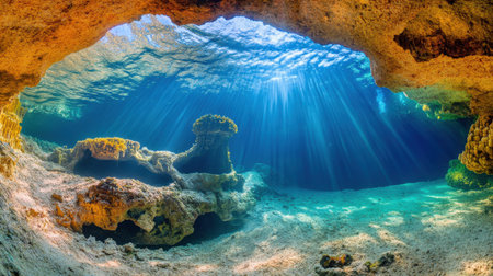 Sunbeams are illuminating an underwater cave with crystal clear water and rock formations. Generative aiの素材