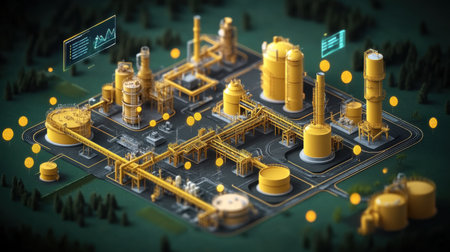 Isometric view of an oil refinery plant processing fossil fuels, featuring digitalization and automation, highlighting the intersection of traditional energy and modern technology. Generative aiの素材