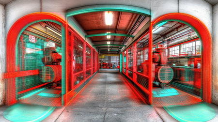 Red and teal glitch effect adds a surreal touch to an industrial corridor, highlighting machinery behind metal grids and creating a visually striking image. Generative aiの素材