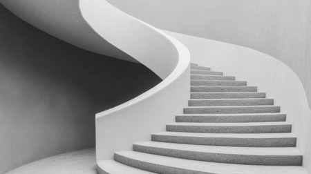 Concrete steps of a modern white spiral staircase are winding upwards in a minimalist grey and white building, creating an abstract architectural design. Generative aiの素材
